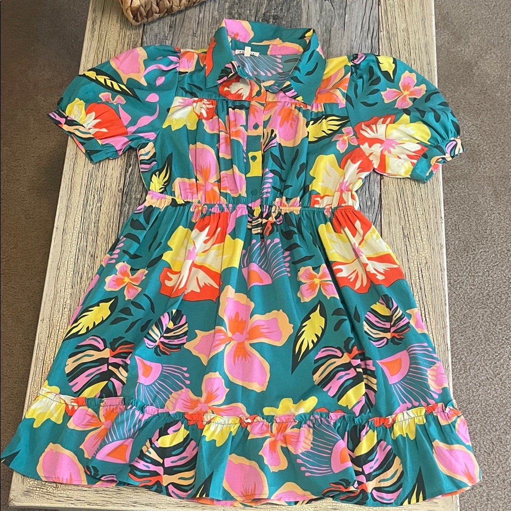 JODIFL Teal Tropical Floral Midi Dress with Pink & Yellow Accents - Picture 2 of 4